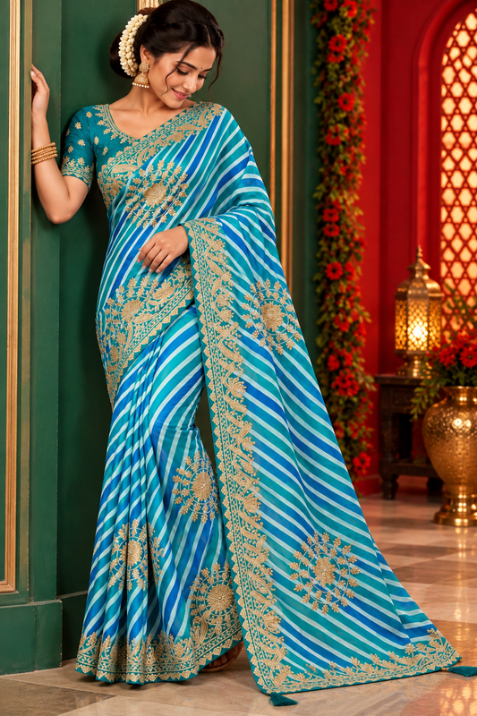 Chinon Digital Lehriya Saree with Kacchi Gotapatti Work & Designer Border