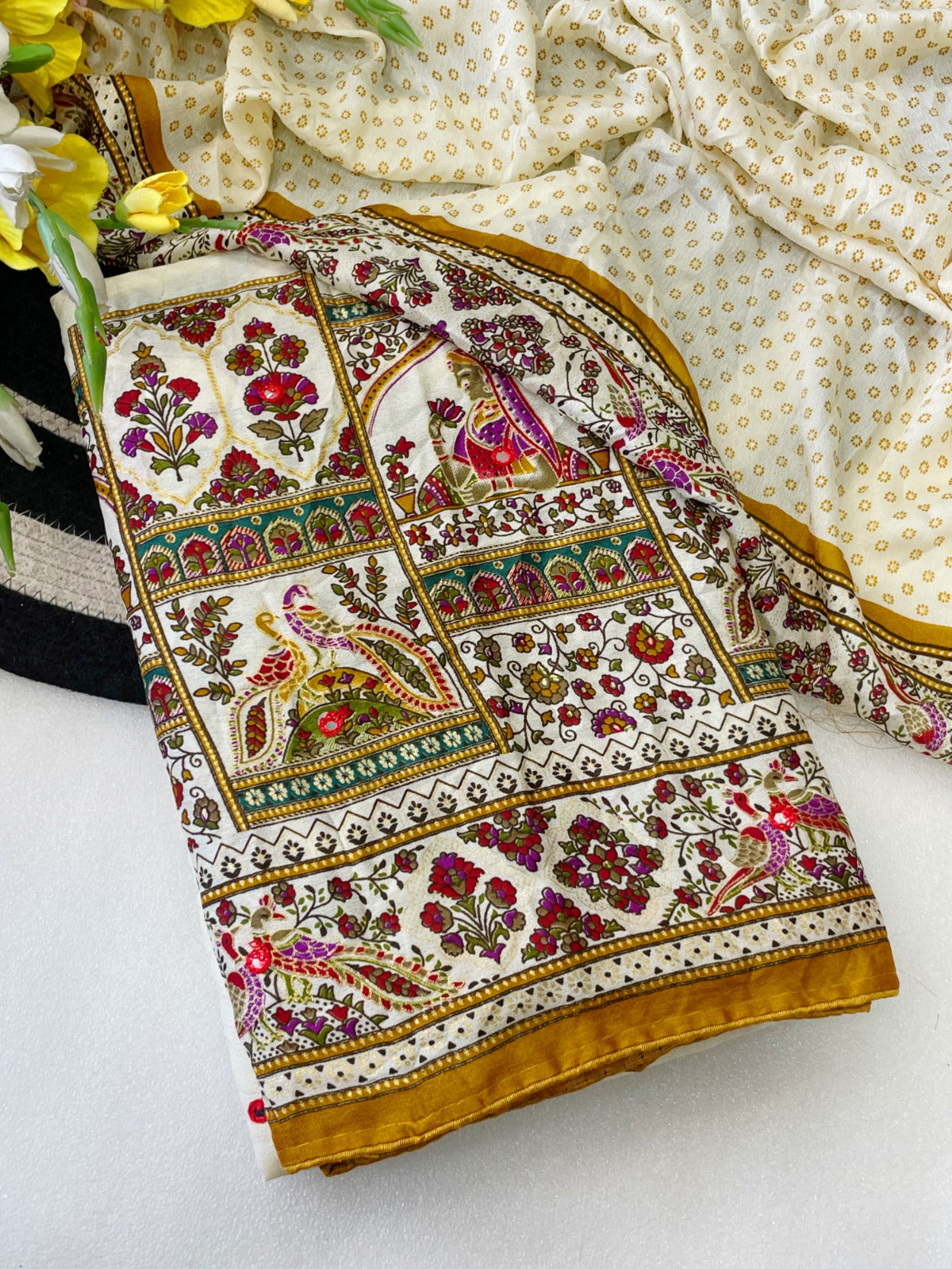 Premium Pure Moss Chiffon Saree with Peacock Floral Print & Mirror Work