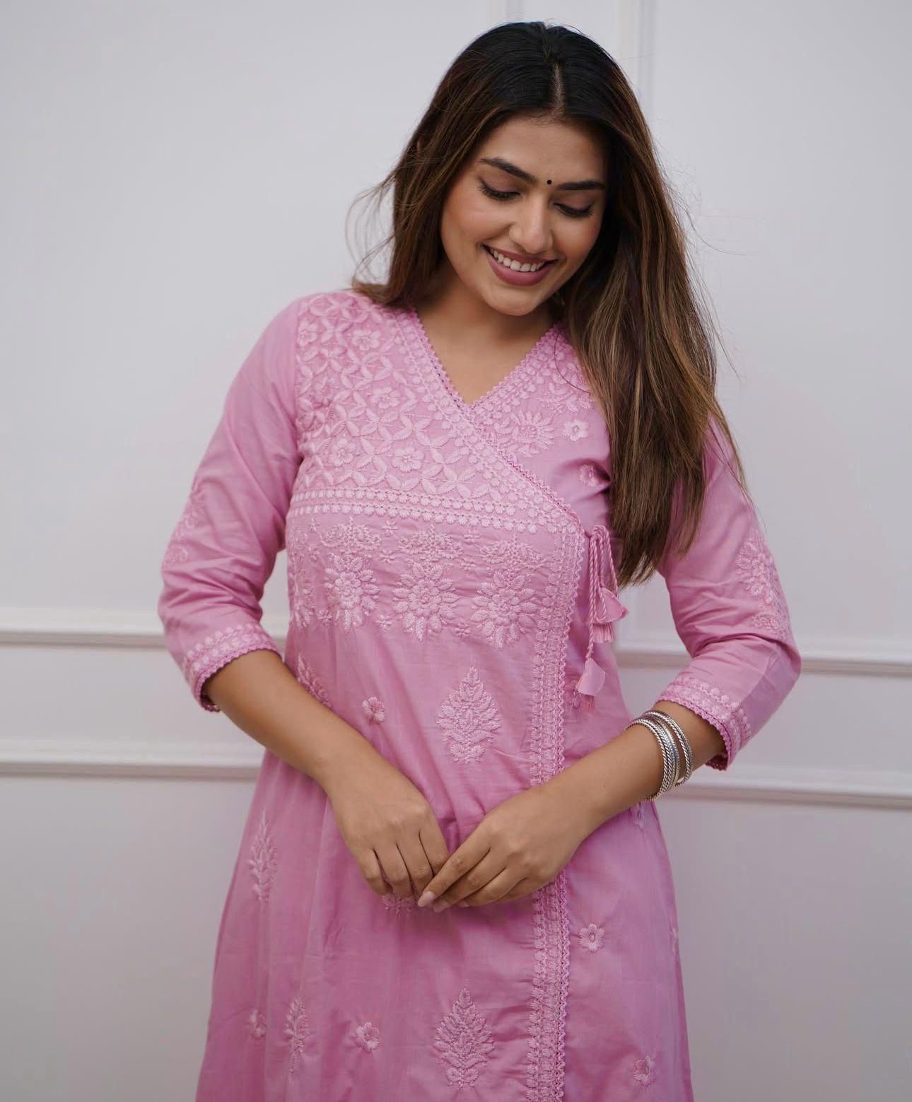 Cotton Chikankari Angrakha Kurti Set