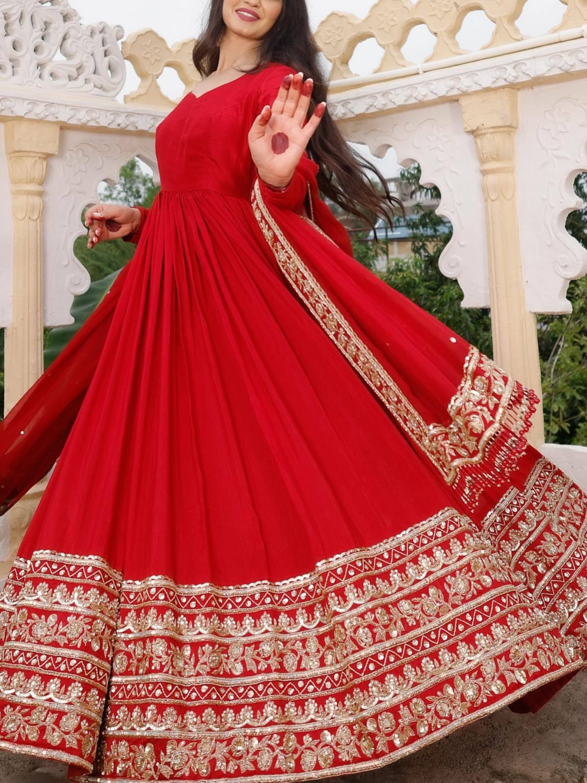 Red Fox Georgette Embroidered Anarkali Gown with Dupatta (Fully Stitched)