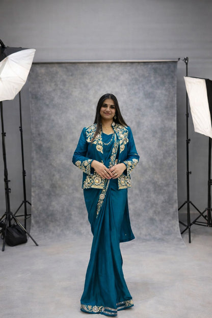 Ready to Wear Crepe Saree with Embroidery Sequence Jacket (Full Stitched)