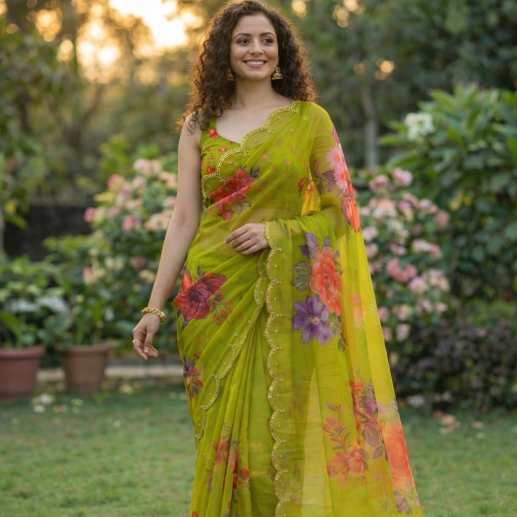 Soft Pure Georgette Digital Print Handwork Saree with Fancy Border
