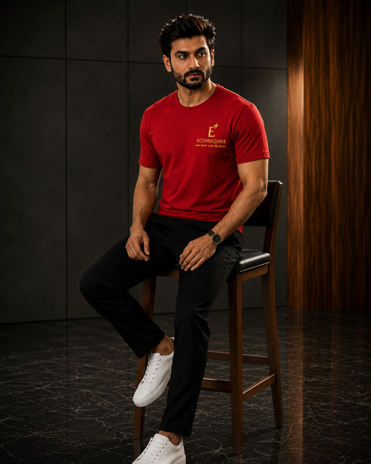 Ecomsquire Premium Red Crew Neck T-Shirt | Embroidered Logo Cotton Tee