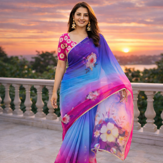 Soft Georgette Digital Print Saree With Pearl Lace Border