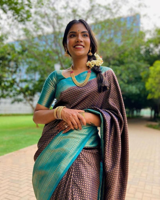 Teal Brown Silk Saree