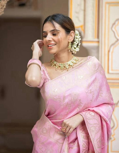 Soft Pink Floral Woven Saree