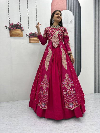 Festival Special Pure Vichitra Crop Top Lehenga with Embroidered Shrug