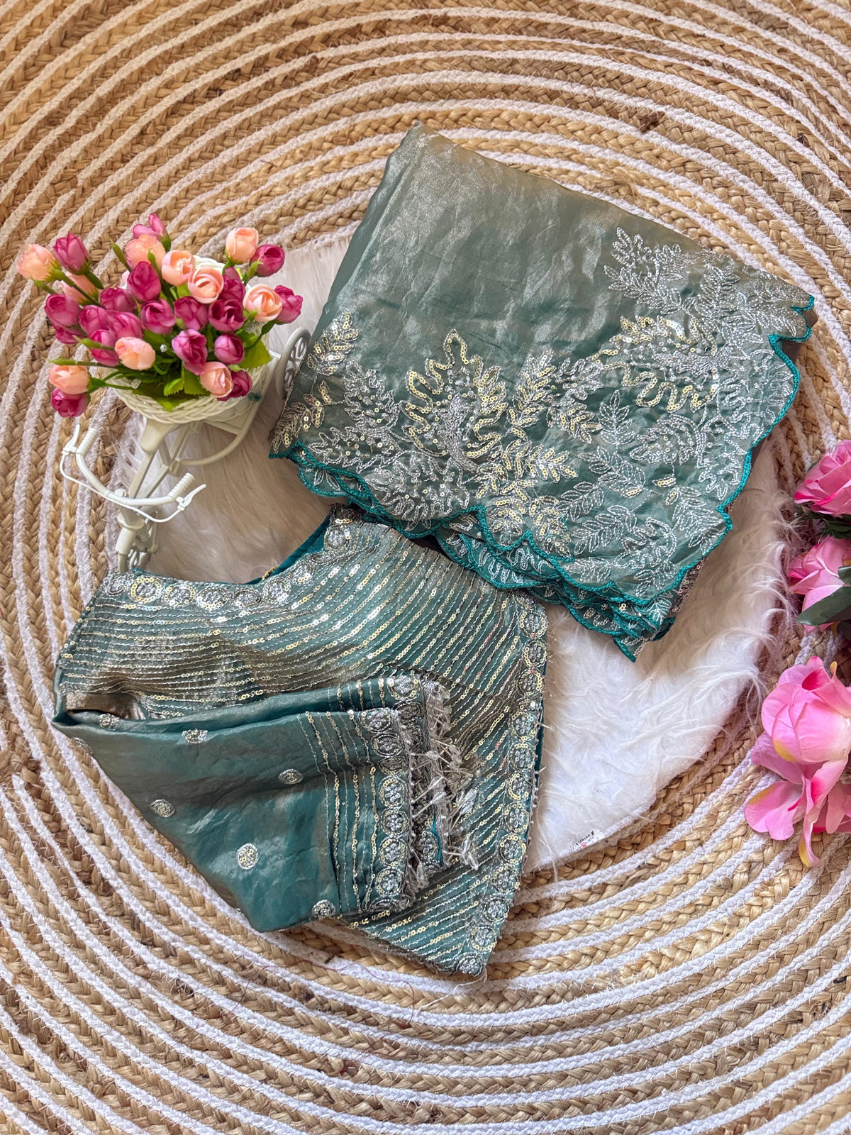 Soft Space Silk Satin Saree With Heavy Embroidery Sequence & Zari Work