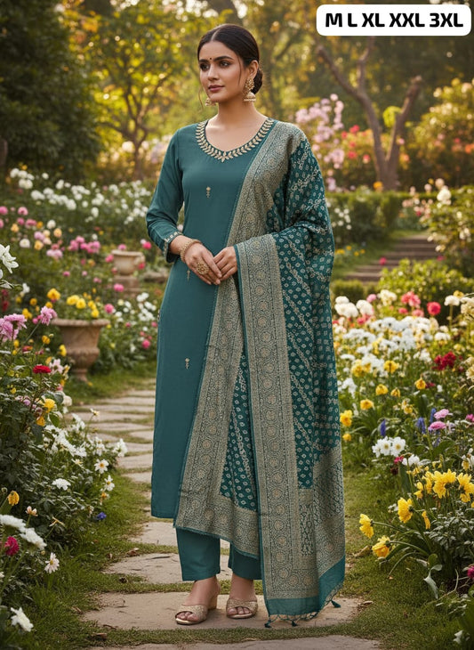 Premium Roman Silk Kurti Pant Set with Kashmiri Work Dupatta