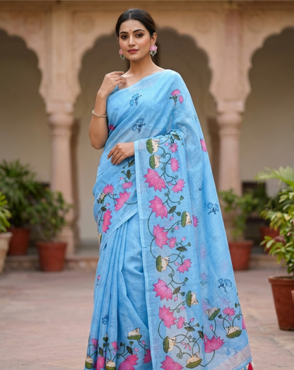Premium Linen Cotton Floral Print Saree With Tassels & Blouse Piece | Soft Lightweight Daily Wear Saree