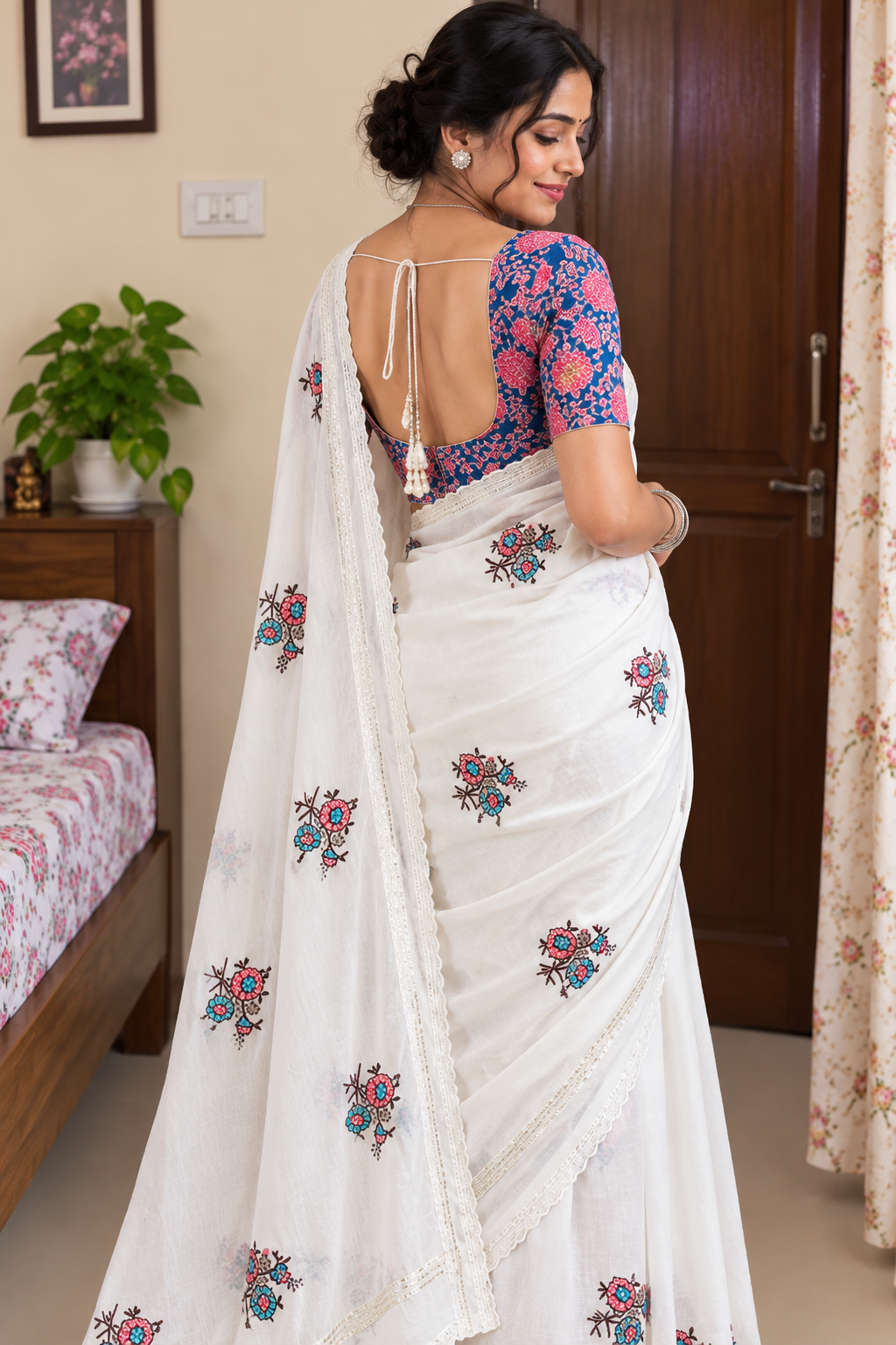 Star Georgette Saree with All Over Floral Embroidery & Digital Print Blouse
