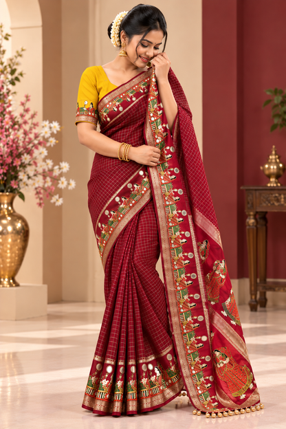 Karwa Chauth Special Viscose Checks Saree with Zari & Mirror Work Satin Border
