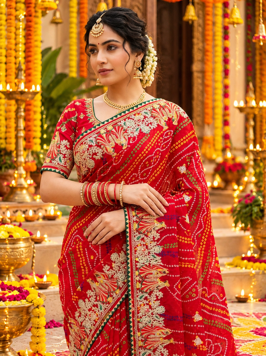 Heavy Bandhani Saree with Multi Coding C-Pallu, Diamond Work & All-Over Butti
