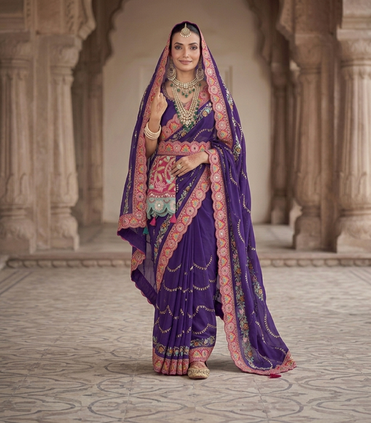 Woman in a traditional purple saree with intricate patterns standing in an architectural setting.