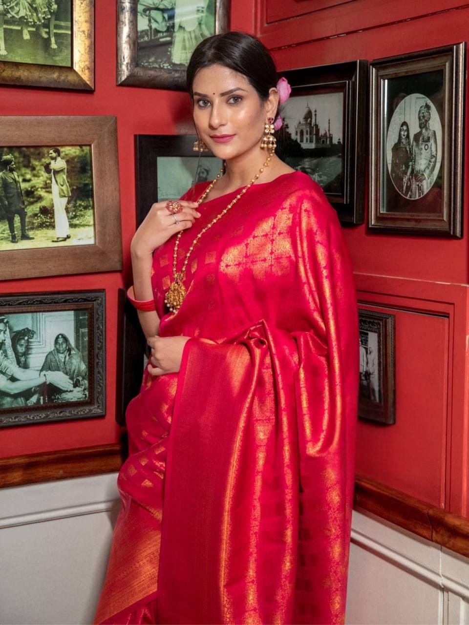Royal Red Zari Work Silk Look Saree
