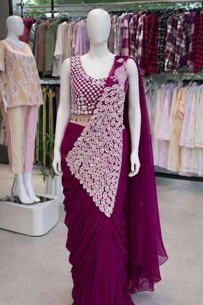 Super Trending Heavy Georgette Ready to Wear Embroidery Sequence Saree
