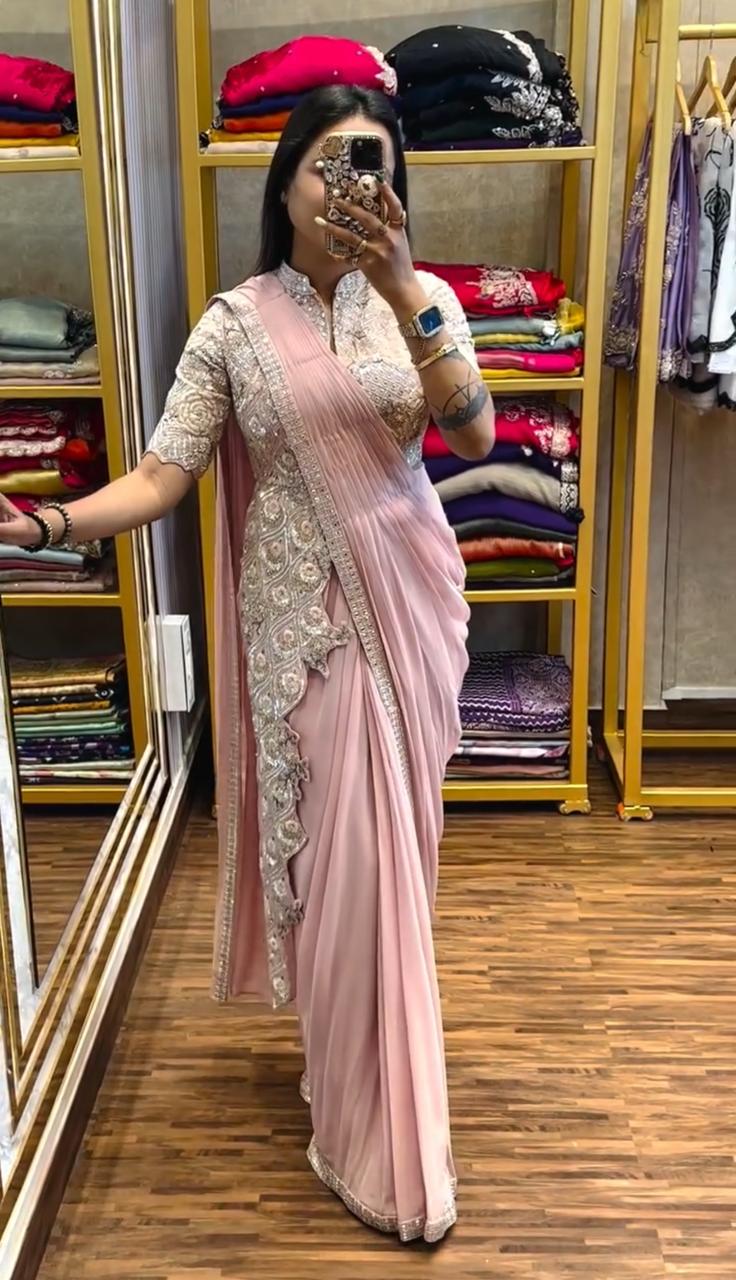 Ready to Wear Chinon Saree with Heavy Embroidery Koti Jacket