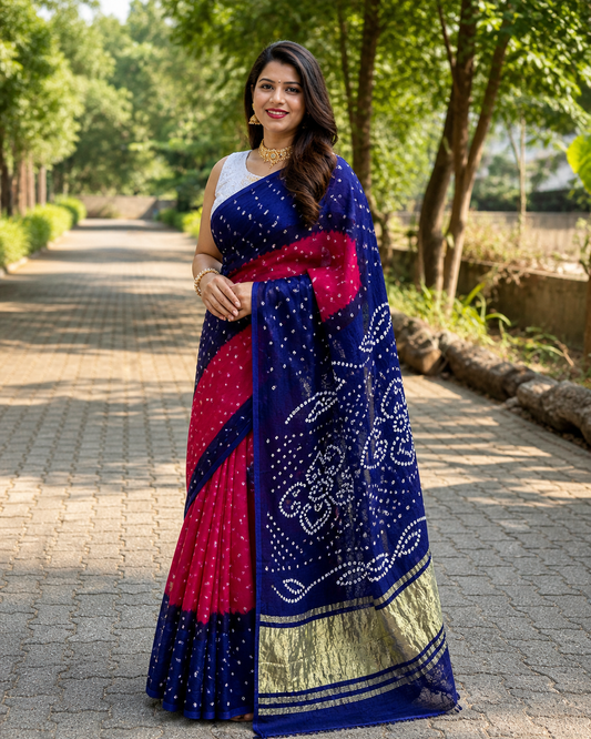 Pure Gaji Silk Bandhani Saree with Gota Patti Handwork | Traditional Lagadi Patta Design