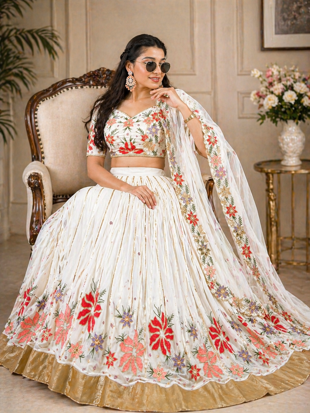 White Embroidered Georgette Lehenga Choli with Dupatta – Wedding & Festive Wear
