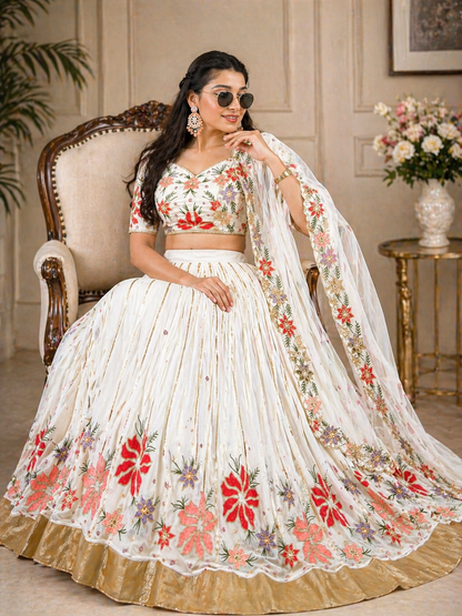 White Embroidered Georgette Lehenga Choli with Dupatta – Wedding & Festive Wear