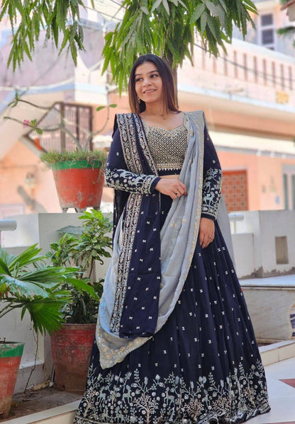 Navy Blue Embroidered Wedding Lehenga Choli with Dupatta