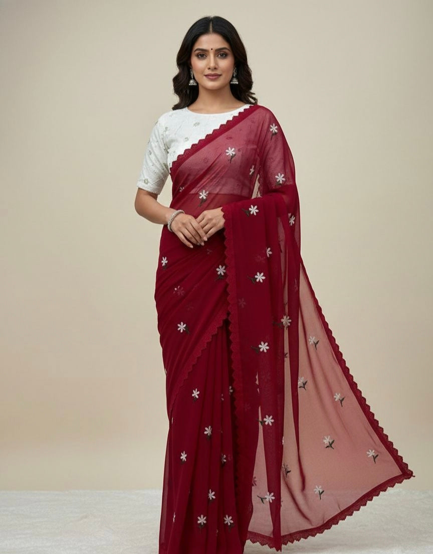 Floral Embroidered Georgette Saree – Lightweight Daily & Party Wear