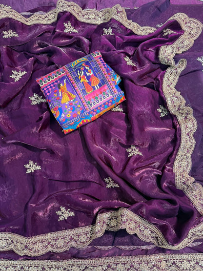 Premium Fendy Satin Saree with Coding Sequence Work