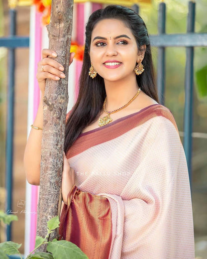 Cream Maroon Silk Saree