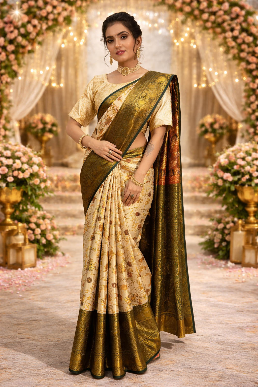 Pure Kanjivaram Silk Saree With Rich Zari Weaving & Contrast Border