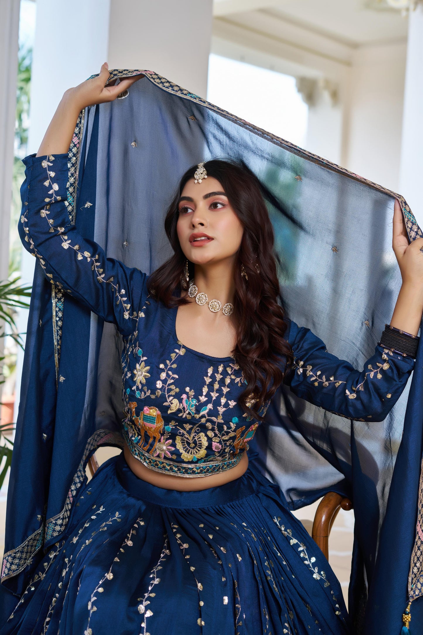 Wedding Special Vichitra Silk Embroidered Lehenga Choli Set with Dupatta (2 Colours)