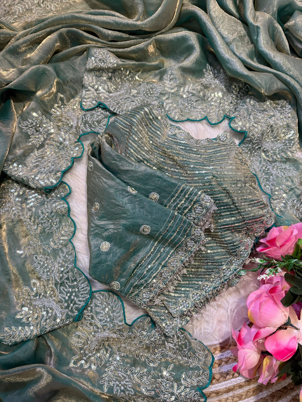 Soft Space Silk Satin Saree With Heavy Embroidery Sequence & Zari Work
