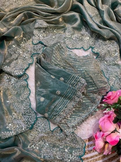 Soft Space Silk Satin Saree With Heavy Embroidery Sequence & Zari Work