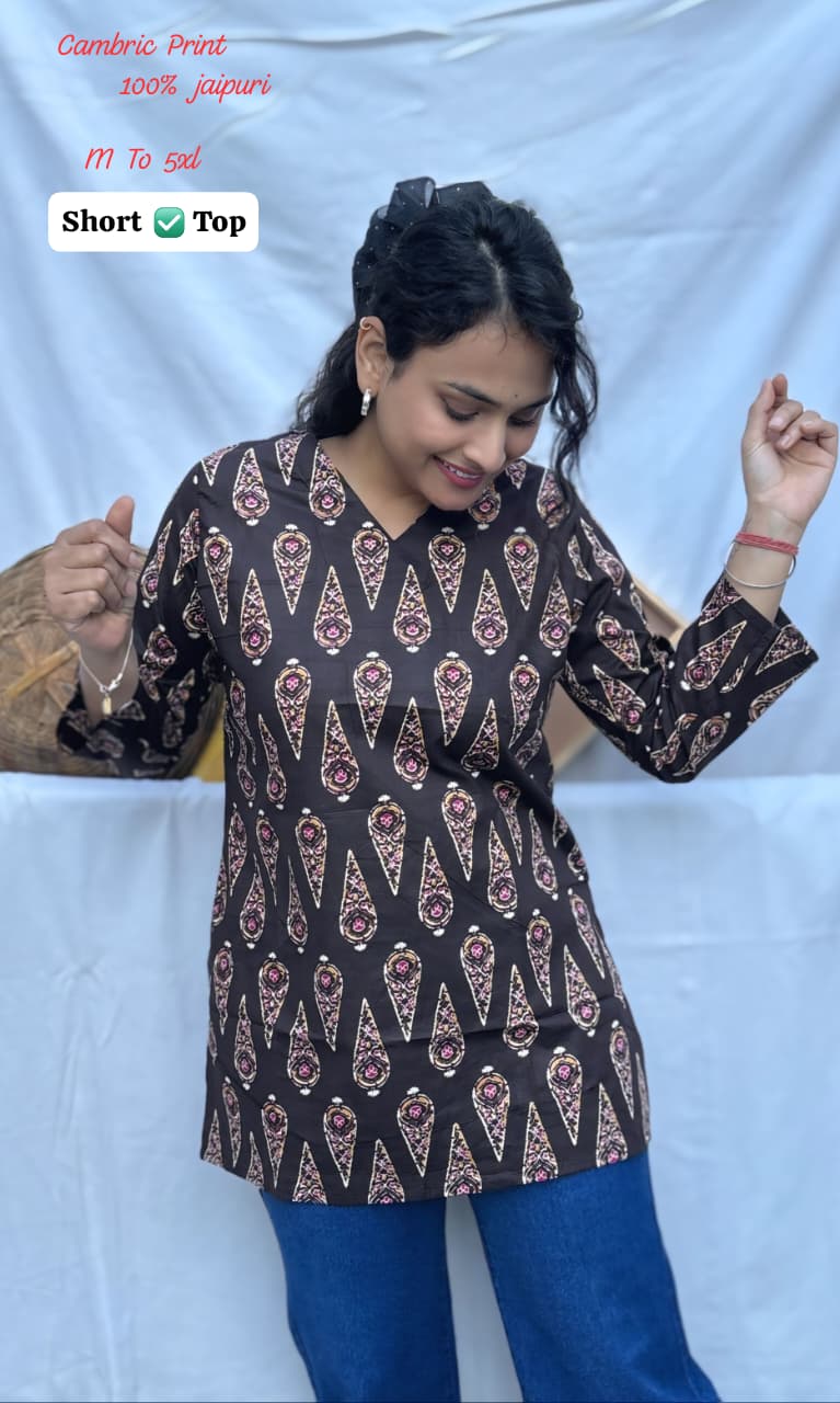 Jaipuri Cambric Cotton Printed Short Top for Women | Casual Tunic | V-Neck Daily Wear (M-5XL)