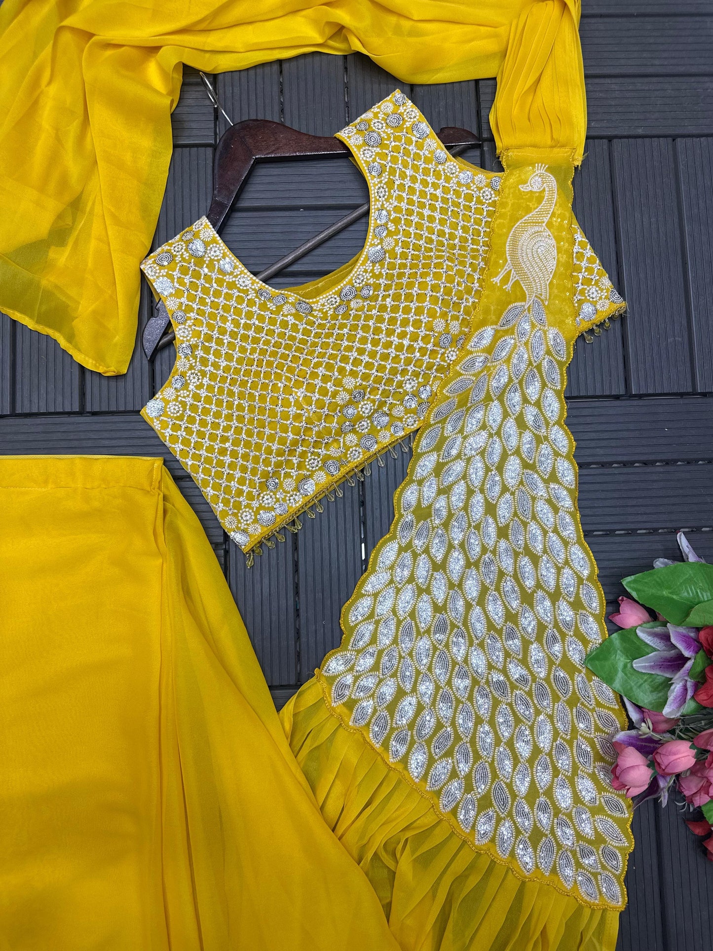 Ready to Wear Embroidered Georgette Saree with Designer Blouse – Teal Green, Mustard Yellow, Rani Pink