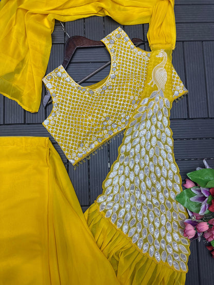 Ready to Wear Embroidered Georgette Saree with Designer Blouse – Teal Green, Mustard Yellow, Rani Pink