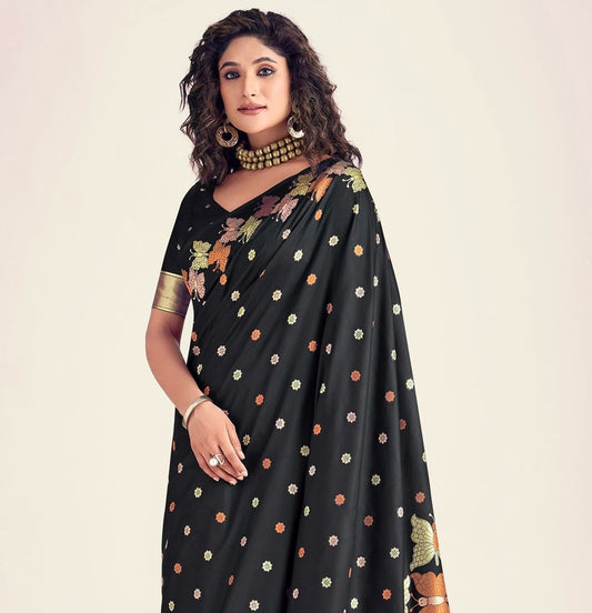 Black Butterfly Printed Silk Look Saree