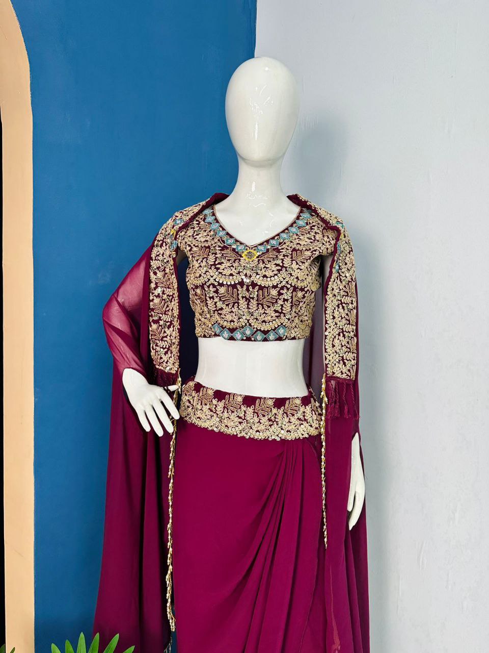 Wine Party Wear Organza Sharara Set with Embroidered Blouse & Stylish Shrug