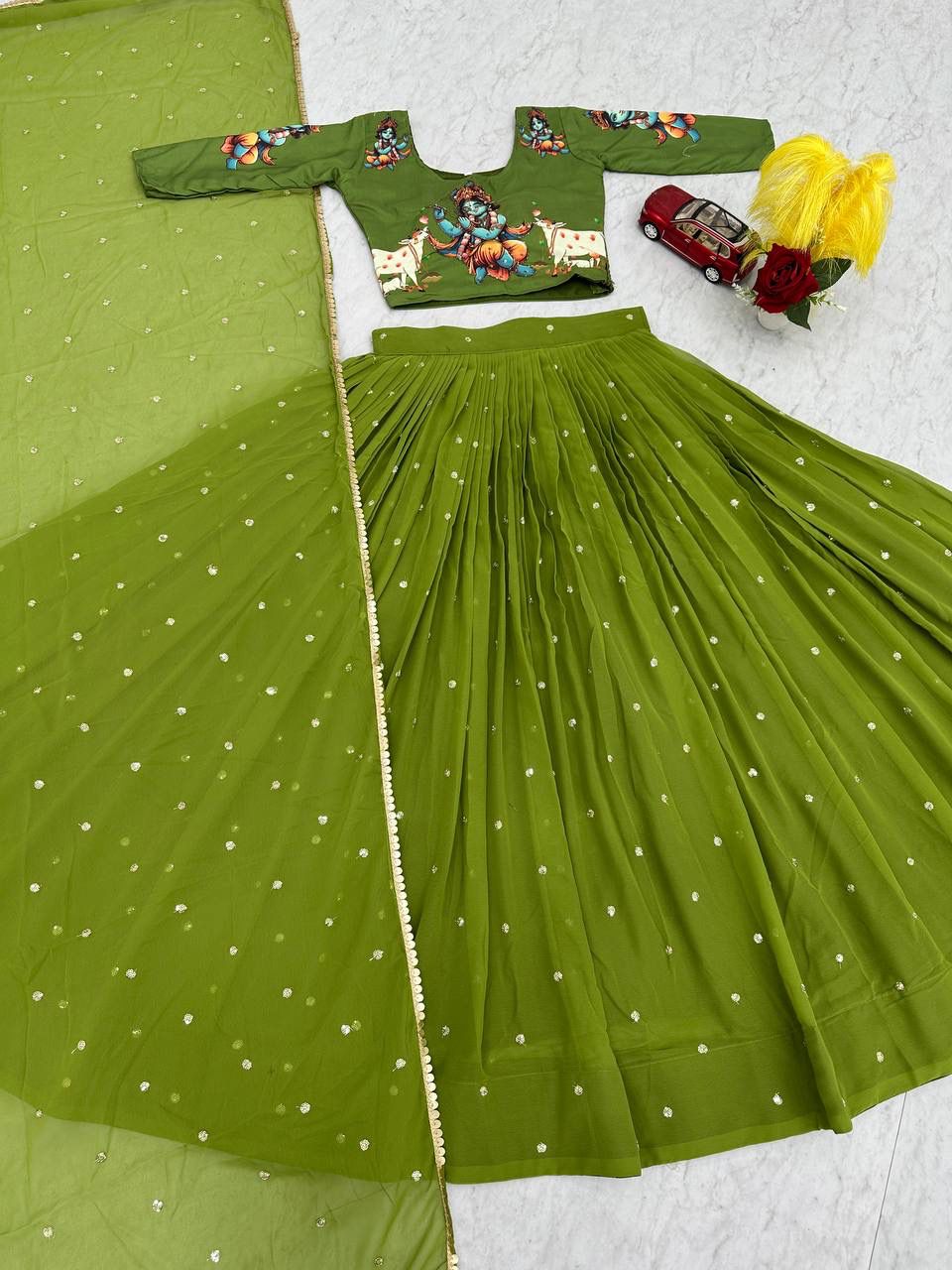 Women Kalamkari Print Lehenga Choli with Georgette Lehenga & Embroidered Dupatta