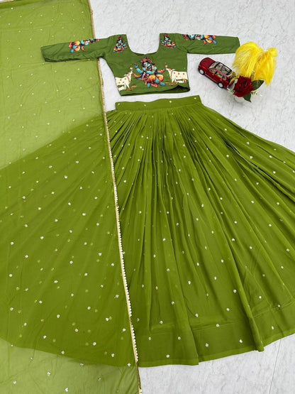 Women Kalamkari Print Lehenga Choli with Georgette Lehenga & Embroidered Dupatta