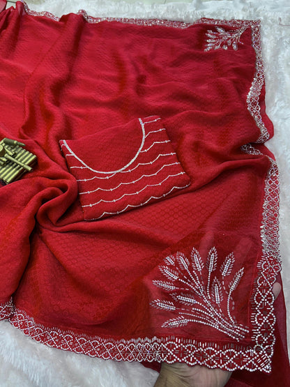 Pure Two Tone Fandy Satin Swarovski Work Partywear Saree with Jacquard Blouse