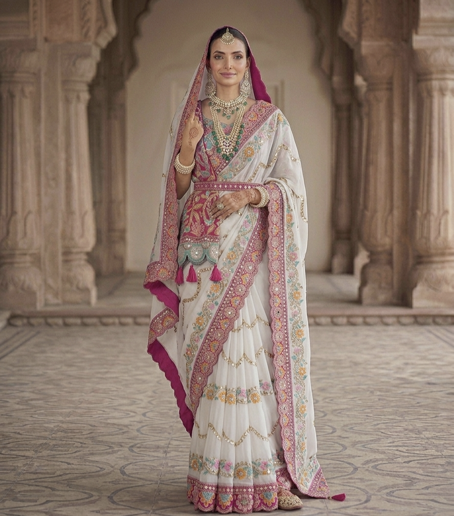 Premium Rangoli Silk Designer Saree with Embroidery & Mirror Work Blouse