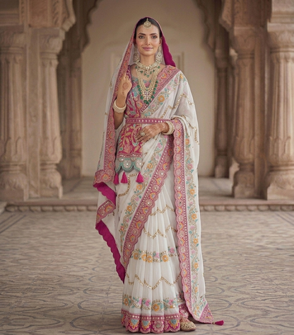 Premium Rangoli Silk Designer Saree with Embroidery & Mirror Work Blouse