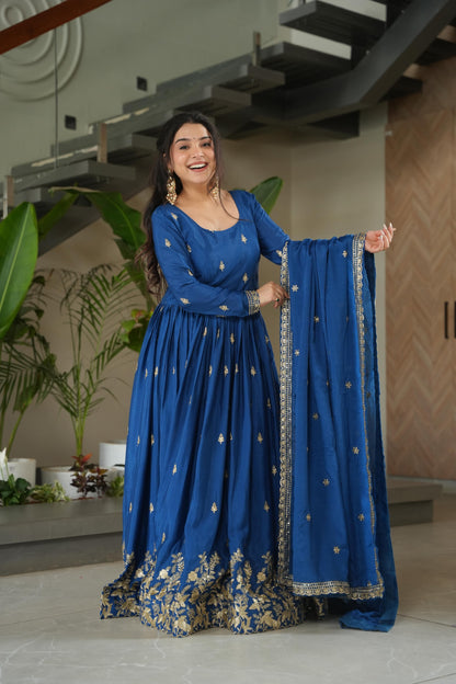 Premium Designer Embroidered Chinnon Gown with Dupatta – Royal Blue & Wine