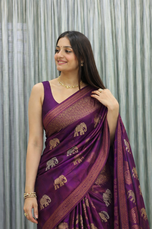 Purple Elephant Motif Jacquard Saree