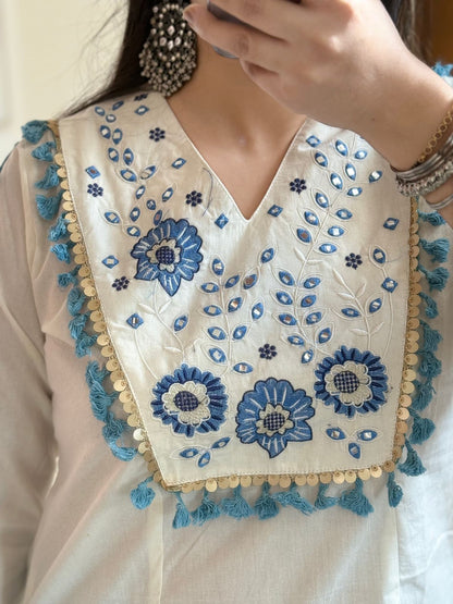 Cotton Natural Flax Mirror Work Cord-Set for Women – Embroidered Designer Top with Palazzo Pant (Cream Brown & Cream Blue)