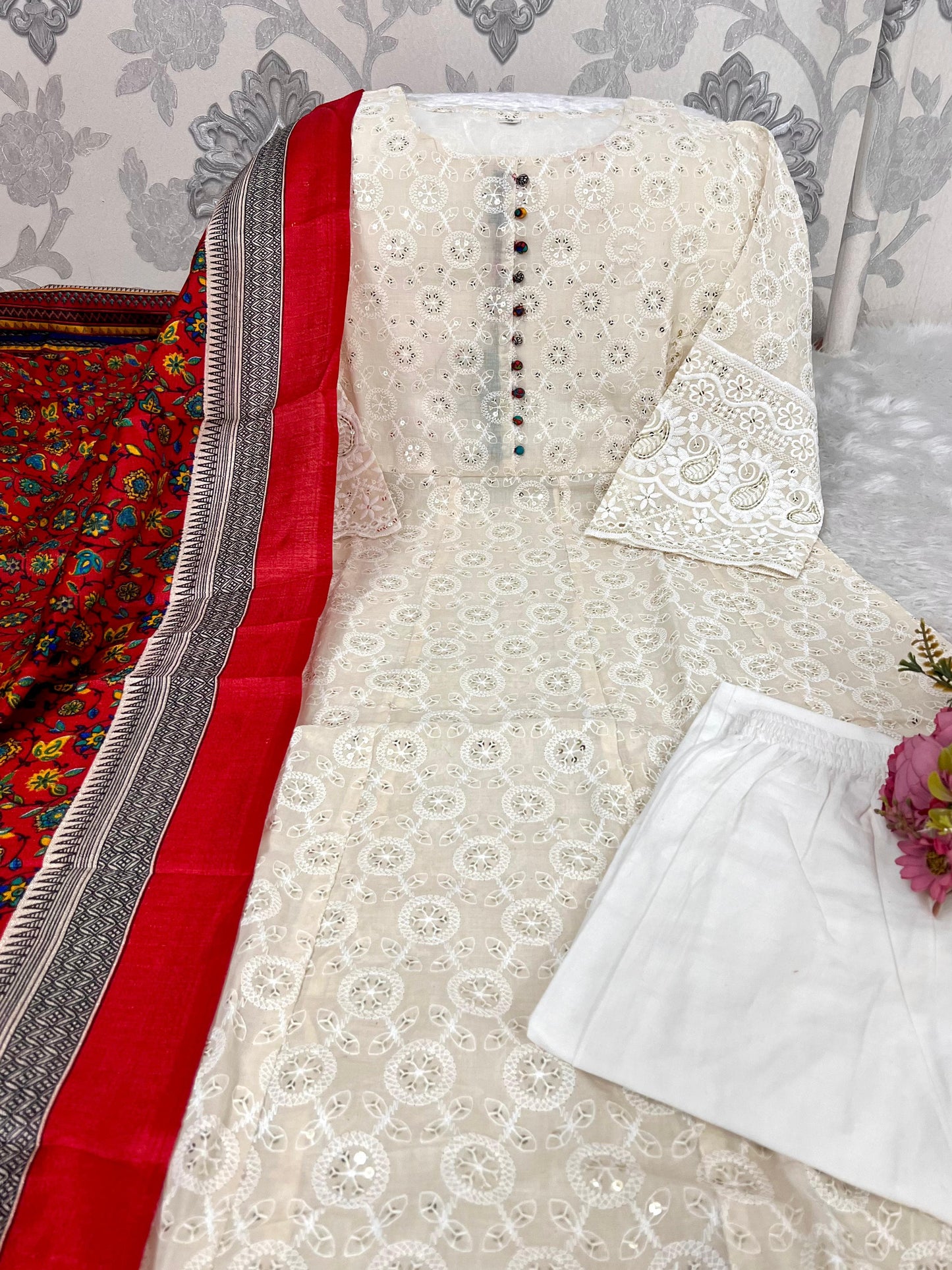 Pure Chikankari Cotton Anarkali Kurti Pant Dupatta Set – Summer Collection