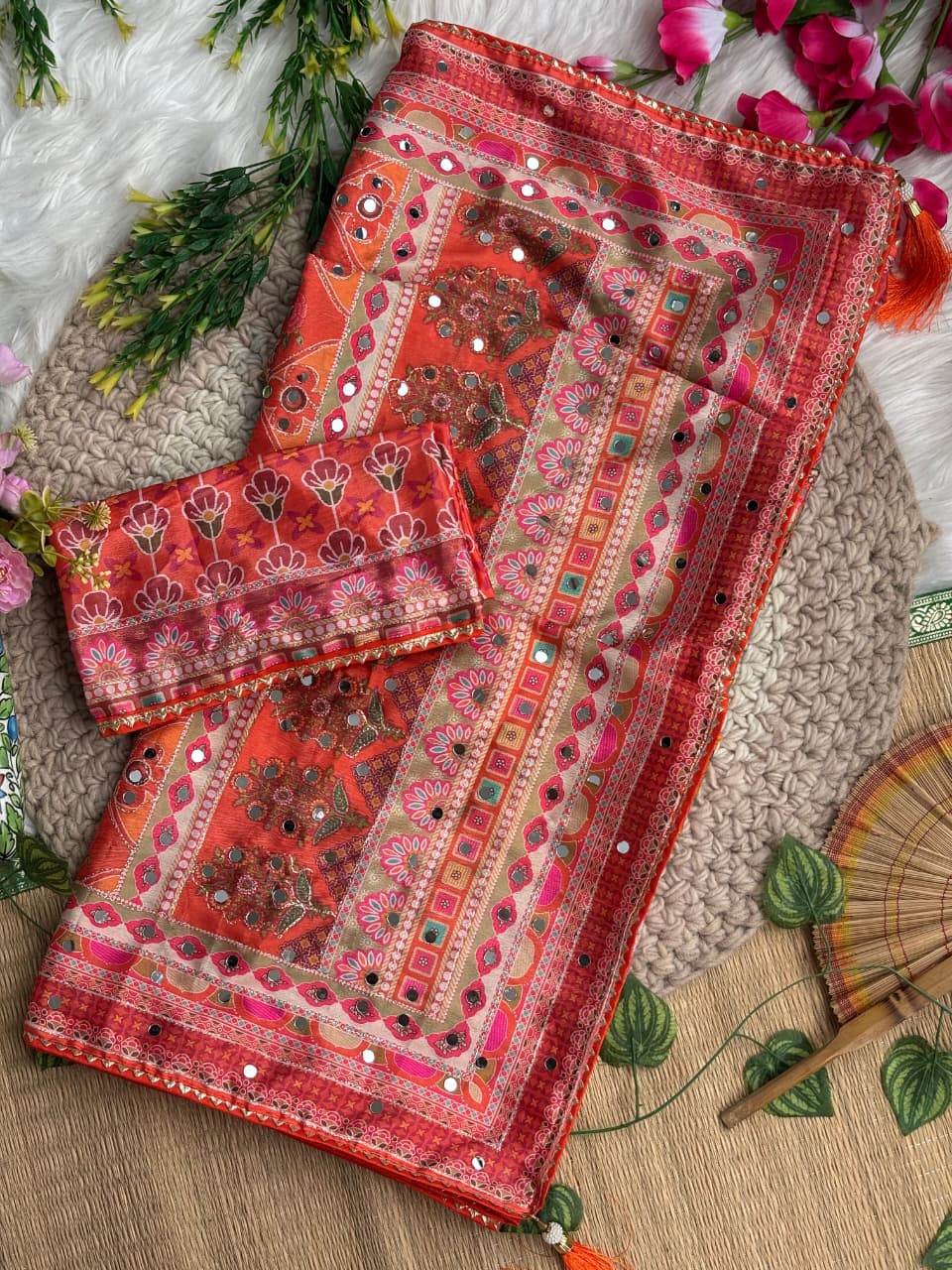Karigari Soft Chinon Silk Digital Print Saree with Hand Aari Work & 2000+ Real Mirror Work
