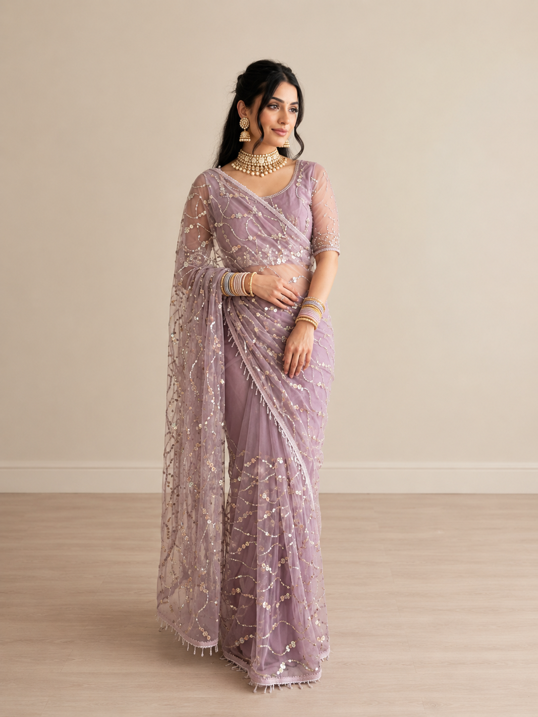 Sufy Premium Butterfly Net Saree with Beads & Moti Sequin Work