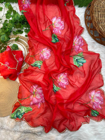 Pure Soft Teby Silk Saree with Digital Floral Print & Moti Cutdana Work Border