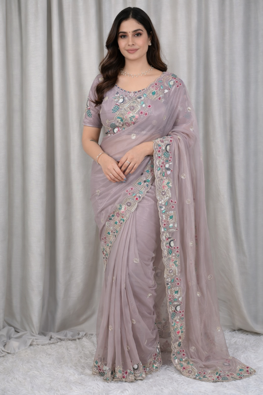 Multi thread Embroidered party Wear saree